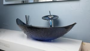 LDIES Torayvino Leaf Bathroom Basin Sink Faucet Set Tempered Glass Hand Painted Vessel Vanity w/ Waterfall Tap Pop-up Drain Countertop Q8P6Z