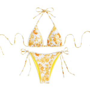 ชุดว่ายน้ำชุดว่ายน้ำสายหนัง Sablon Bunga ของผู้หญิงแบบคล้องคอสายรัดด้านข้างปรับชุดว่ายน้ำลายดอกไม้สำหรับสระว่ายน้ำริมชายหาด