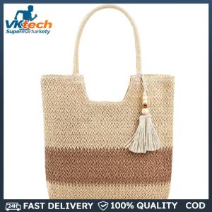 Summer Top-handle Bag Contrast Color with Tassels Weaving Underarm Bag Large-Capacity Handmade Fashion Casual Simple for Seaside Holiday
