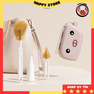 Bộ dụng cụ vệ sinh bình sữa 5 chi tiết kèm hộp đựng cọ rửa bình sữa cho bé tiện lợi Happy Store