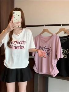 Thin V-Neck Short Sleeved T-Shirt For Women In Plus Size Fashionable Korean Version Loose And Irregular Commuting Sweet Summer