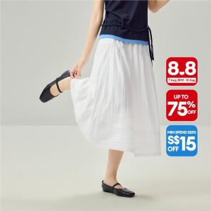 Giordano Women Lace trim elastic waist pintuck maxi skirt Free Shipping 18466223