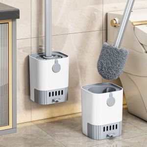 TEWUB Ergonomic Wall Mount Toilet Brush Set Built-in draining tray Durable Bristles Long Handle WC Brush Compact with Removable Drip Tray Bathroom Cleaning Tool Household