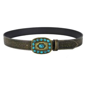 Turquoise Square Buckles Waist Belt For Women Antique Embossed Flower Pattern Waistband for Dress Shirt All Matching