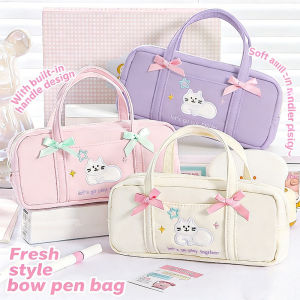 Cute Pencil Case Korean Aesthetic Bow Cat Handheld Embroidery Makeup Bag Large Capacity Pencil Box Stationery Bag