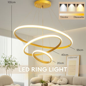 LED Chandelier For Living Room Modern Design Gold 3 Ring Pendant Light Tri-Color Luxury Circle Ceiling Drop Light Adjustable Height Hanging Light For Living Dining Room Office Loft Decorative Home Lighting