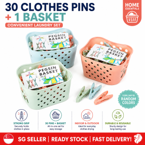 Laundry Clothespins 30pcs + Basket Clothes Pegs Drying Clips Strong Grip Durable Reusable Laundry Accessories