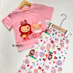 BOBOHO - SETELAN LABUBU ANAK PEREMPUAN / PAKAIAN SANTAI ANAK PEREMPUAN LENGAN PENDEK DAN CELANA PANJANG MODIS GAYA FEMINIM BARU