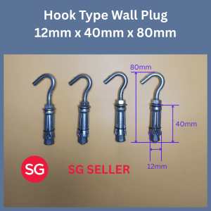 SG SELLER. 4 pcs Hook Type Wall Plug 12mm x 40mm. Total length 80mm.Suitable for brick & concrete