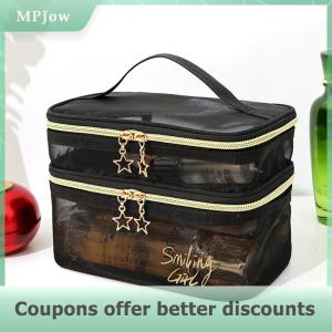 【MPJow】 1Pc Double Layer Black Mesh Makeup Case Organizer Storage Pouch Casual Zipper Toiletry Wash Bags Women Travel Cosmetic Bag