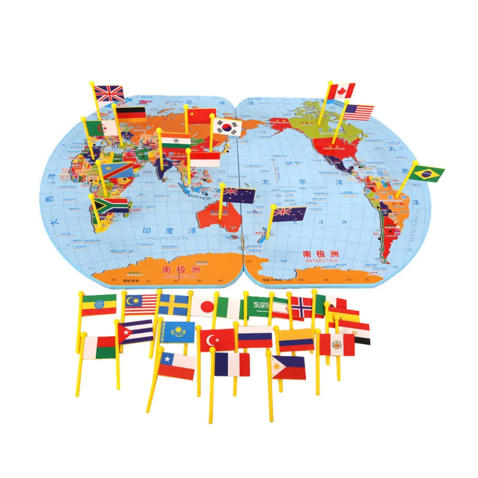 Wooden World Map And Flags for Kids Learn Capitals, States