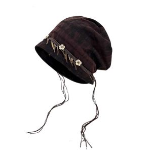 MUQZI Retro Mũ len phong cách dân tộc Trang trí bằng gỗ Tua rua Mũ trùm đầu rộng rãi Thanh lịch Đa năng Mũ turban Đi lại ngoài trời