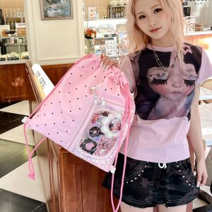 CRNGW สไตล์เกาหลีแบบ กระเป๋าเป้สะพายหลังไนลอนแบบมีเชือก น้ำหนักเบามาก จุดคลื่นจุด กระเป๋านักเรียน ลำลอง หวานหวานแหววว กระเป๋าไนลอนน้ำหนักเบา สาวๆ