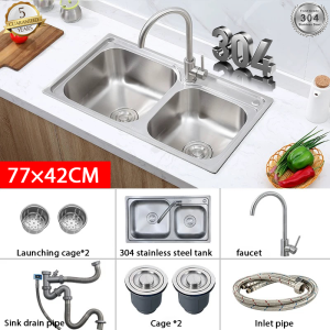 🔥Same day delivery🔥SUS 304 Kitchen Sink Complete set with Faucet and Drainer Drain pipe size 77×45cm Double slot sink stainless sink Rust/damage compensation