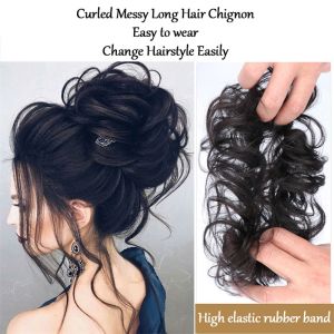 2Pieces Messy Hair Bun Hairpiece for Women Synthetic Chignon With Hair Bands Updo Scrunchies Extension Curly Ponytail