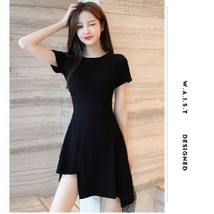 READY STOCK🌹Back Short Sleeve Flare Casual & Summer Dress/ Baju Kasual & Lepak Belakang Lengan Pendek Flare小黑裙修身显瘦