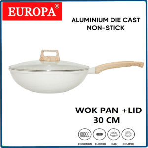 PANCI EUROPA Wok Wajan Penggorengan Marble Anti Lengket 30 Cm + Tutup