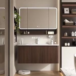 [SG Stock]Walnut-colored bathroom cabinet smart bathroom cabinet curved honeycomb aluminum bathroom cabinet integrated ceramic washbasin