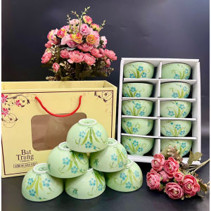 Set Bát Cơm (chén cơm) Bát Tràng Cao Cấp Hàng Loại I - Bộ Bát Ăn Cơm Men Ngọc Vẽ Tay Chuồn Chuồn Hoa Xanh