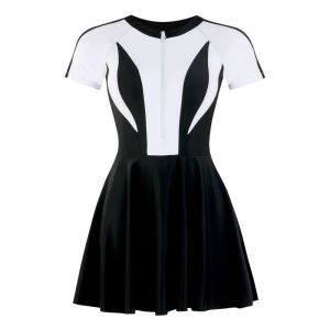 Lyseacia đồ bơi khối màu trắng màu đen cho phụ nữ quần vợt phong cách xếp li váy bơi tay ngắn khoá kéo Áo tắm một mảnh thể thao khiêm tốn Bộ Đồ Tắm với vải co giãn beachwear hồ bơi hợp thời trang đồ bơi