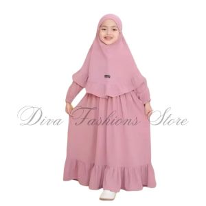 GAMIS ANAK POLOS REMPEL SET HIJAB  - GAMIS ANAK SYARI SET HIJAB - GAMIS ANAK USIA 3-5 TAHUN
