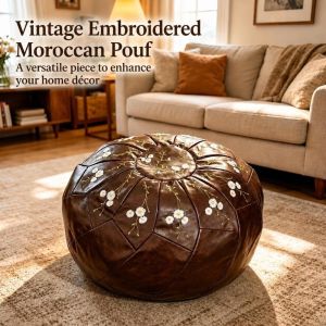 ZEIIE PU Leather Pouf Ottoman Unstuffed Fillable Storage Ottoman Boho Style Water Resistant Round Pouf Cover for Living Room