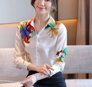 AMMIN long-sleeved white silk shirt For women fashion temperament western style retro printing mulberry silk professional top Casual Blouse