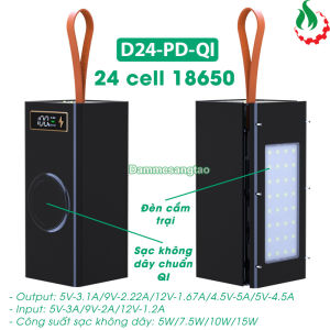 Box sạc dự phòng 24 cell 18650 (D24-PD-QI) sạc nhanh 22.5W - Qi 15W có lò xo