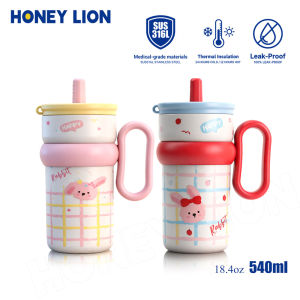 HoneyLion - 540ML Leak-Proof Vacuum Tumbler with Retractable Straw | Comfort Grip Insulated Cup for Hot Days Iced Drinks | BPA-Free Portable Water Bottle for Office