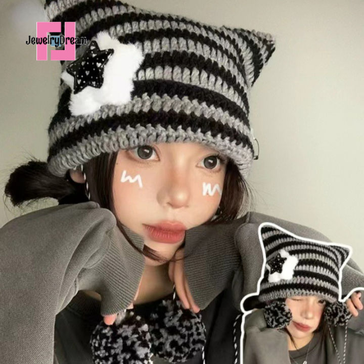 [Sell at a loss]Y2K Japanese Style Cat Ear Striped Star Beanies Hat with  Pom-pom Girl Autumn Winter Warm Wool Knitted Pullover Hats Lazada PH