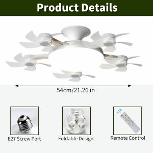 Ceiling Fan With Led Light Drone Ceiling Fan Light with Remote Control 5 Foldable Silent Blades 60W 3 Colors Dimming E27 Hanging Fan for Bedroom Living Room