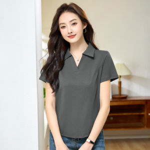 Áo Thun Nữ Tay Ngắn Cổ Áo polo Áo Thun Màu Trơn Viền viền cong Áo cotton 95%