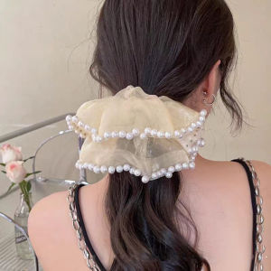 ยางรัดผมผ้าชีฟอง แต่งระบายมุก ผ้าพริ้ว สไตส์ลูกคุณหนู น่ารักสุด โดนัทมัดผม ยางรัดผม