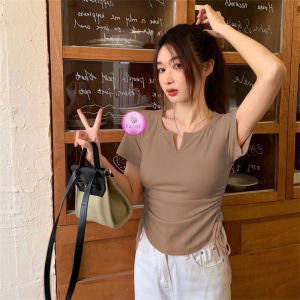 PROMO 3.3 Kaos Wanita V-Neck Serut Samping Kiri Kanan - Atasan Wanita Crop Oval Wanita Korean 6048