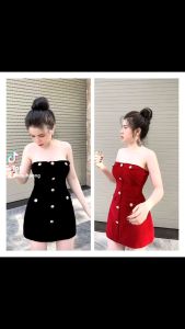 [MÃ LAZADAFAHB01 - GIẢM 30K ĐƠN 100K] Váy Thiết kế Cúp ngực ngang chân váy chữ A phối Khuy đồng. Váy Nhung đẹp