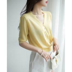 IRENASTORY Áo khoác len mỏng nữ cho mùa hè tay lửng Lụa băng áo đan lỏng giảm béo Áo Blouse cổ chữ V hàng đầu