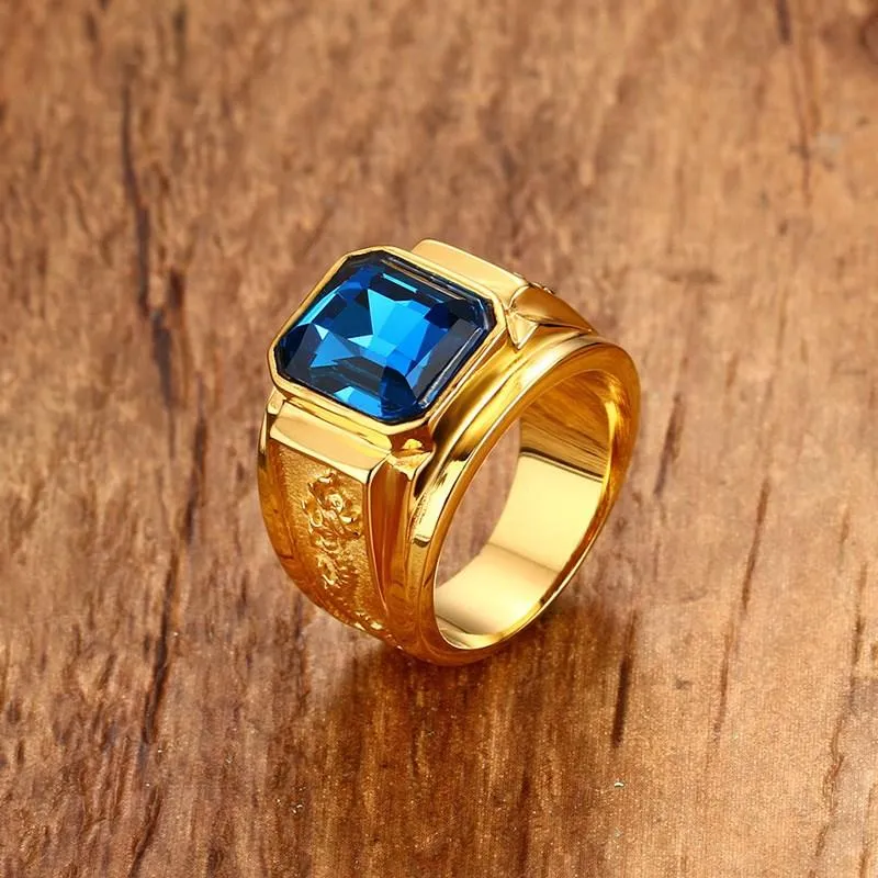 Stainless Steel Gold Plated Blue Rhinestone Crystal Ring for Men