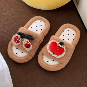 WY-XIXITIAO Sweet Cherry Apple Fluffy Cotton Slippers for Women Autumn and Winter Korean Style Home Shoes