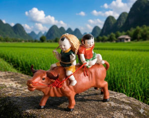 Tượng mục đồng cưỡi trâu chất liệu Gốm Sứ Phật Sơn hàng cao cấp nhập khẩu làng nghề mỹ nghệ Gốm Phật Sơn