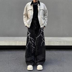 PREIE SIMPLE American-Style Mens Vintage High-Street Lightning-Pattern Embroidered Jeans Loose-Fit Casual Distressed Wide-Leg Trousers korean baggy jeans for men