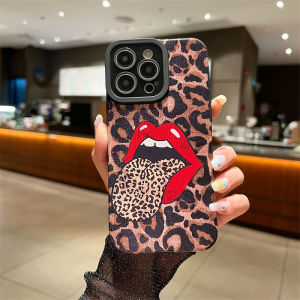 Leopard Print Red Lips Leather Texture Phone Case For iPhone 16/15/14/12/11 Pro max 12 13 mini 6 6S 7 8 Plus X XR XS max Soft Shockproof Back Shell Phone Casing Creative Phone Cover Shell with Full Cover Lens Camera Protection Cover Shell