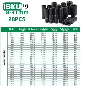 ISKU Panjang Mata Kunci Sok Impact 1/2" CR-MO Steel Deep Wall Drive Socket Professional Tools 8-24mm