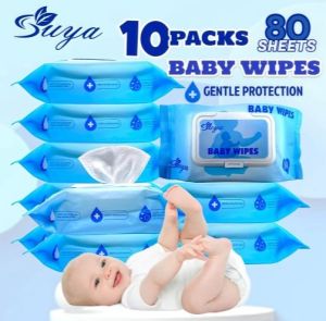 10PACKS SUYA BABY WIPES UNSCENTED 80SHEETS WITH PORTABLE PACKHIGH QUALITY NO FLOURESCENT AGENT FOR BABY