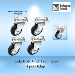 Roda troli Karet 3" Hidup inch troly kastor 1 Set 4pcs ( Hidup )