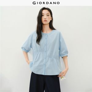 Giordano Women Asymmetric gathered seam 1/2 sleeve cotton blouse Free Shipping 18346720