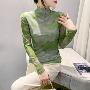 AMMIN เสื้อยืดแขนยาวสำหรับผู้หญิงตาข่ายเพิ่มขนาดสไตล์เกาหลีพิมพ์ลายกราฟฟิตี้แขนพองพิมพ์ลายย้อมสีแฟชั่นเรียบง่ายสำหรับฤดูใบไม้ผลิ/ฤดูร้อนเสื้อสำหรับผู้หญิงลำลอง2024