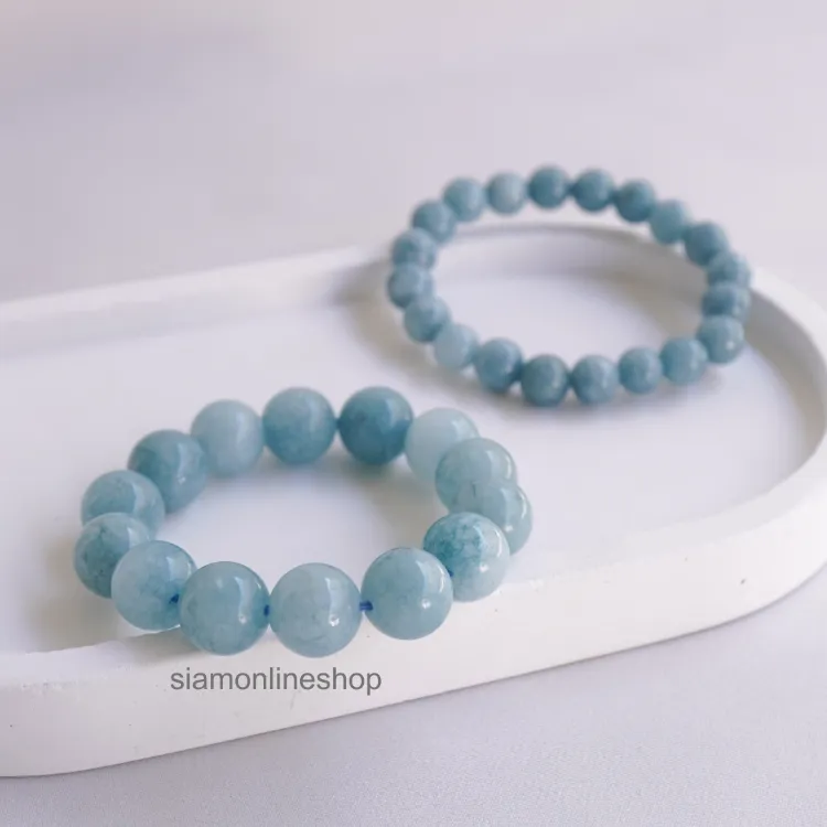 AQUAMARINE หินอความารีน เลือกขนาดเม็ดหินได้ (4-14 มม.) หินแห่งความสงบและปกป้อง สร้อยข้อมือหินแท้