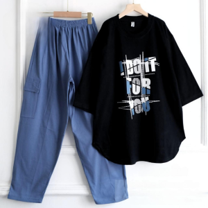 Setelan Cargo Kekinian Terbaru Enisa Set Kaos Katun Combed 24s M L XL XXL 3XL Oneset Jumbo Wanita