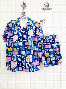 ชุดนอนขาสั้นแขนสั้นคอตอน