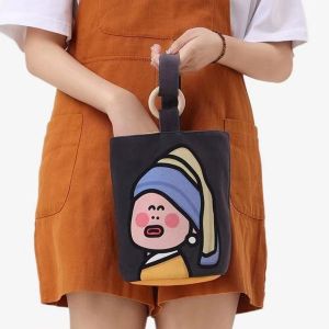 COLOO Pearl Girl Canvas Cartoon Bucket Handbag Print Large Capacity Lunch Bag Cute Lunch Bag Tote Bag Shopping
